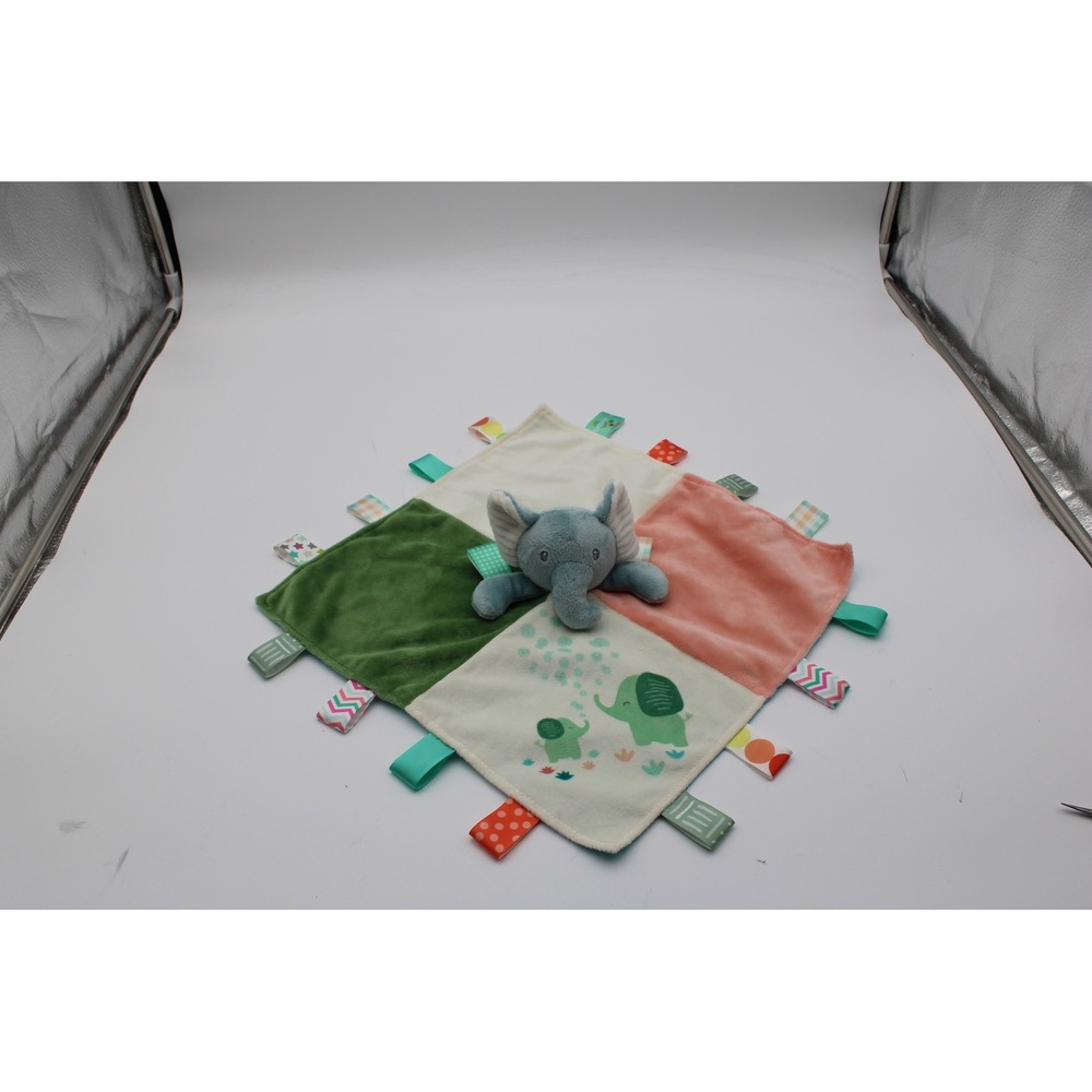 Taggies Elephant Security Blanket Blue Green Pink Plush Satin Ribbon Lovey